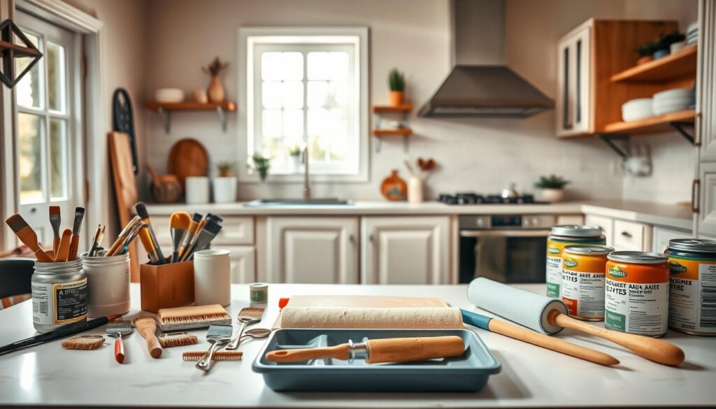 A well-organized workspace showcasing tools and techniques for painting kitchen cabinets. In the foreground, a clean table with an assortment of painting supplies: high-quality brushes, rollers, a paint tray, and various cans of durable paint in stylish colors. The middle ground features a partially painted kitchen cabinet front, demonstrating the applying technique with smooth strokes and an unfinished look. In the background, a softly lit kitchen space with warm, inviting tones, highlighting the transformation process. Natural light streams in through a nearby window, casting gentle shadows. The atmosphere is artistic and focused, capturing the essence of a DIY kitchen makeover project.