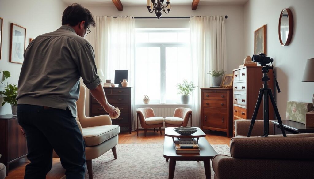 A well-styled living room scene showcasing vintage furniture preparation for sale, featuring a classic PRL-era armchair and a retro chest of drawers. In the foreground, a person in modest casual clothing gently dusts the furniture, highlighting care and attention. The middle background displays a well-lit space with natural light streaming in through a window, creating a warm, inviting atmosphere. A photography setup is visible, including a camera on a tripod, capturing the meticulously arranged furniture. Soft, diffused lighting enhances the textures of the wood and fabric, while elegant decorative elements, such as a plant and tasteful decor, are arranged to create a homely feel. The overall mood is professional yet relaxed, emphasizing the importance of presentation in furniture sales. A well-styled living room scene showcasing vintage furniture preparation for sale, featuring a classic PRL-era armchair and a retro chest of drawers. In the foreground, a person in modest casual clothing gently dusts the furniture, highlighting care and attention. The middle background displays a well-lit space with natural light streaming in through a window, creating a warm, inviting atmosphere. A photography setup is visible, including a camera on a tripod, capturing the meticulously arranged furniture. Soft, diffused lighting enhances the textures of the wood and fabric, while elegant decorative elements, such as a plant and tasteful decor, are arranged to create a homely feel. The overall mood is professional yet relaxed, emphasizing the importance of presentation in furniture sales.