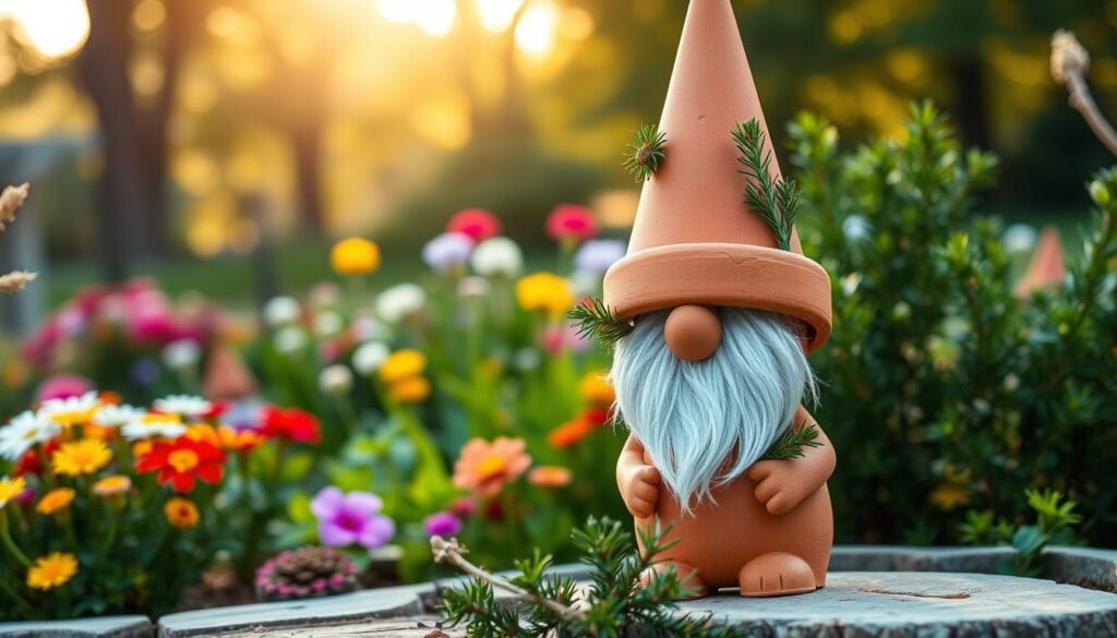 A whimsical garden gnome made from terracotta pots and evergreen branches, positioned in a vibrant garden setting. In the foreground, a faceless gnome constructed from a small pot for the body and a larger pot for the hat, adorned with sprigs of pine and cedar for a charming touch. The middle layer features colorful flowers and lush greenery, creating a lively backdrop that emphasizes the DIY aspect. The background showcases a blurred garden landscape with trees under soft, warm afternoon sunlight. The overall mood is cheerful and inviting, perfect for a cozy outdoor atmosphere. The composition captures the essence of crafting and nature, focusing on the creative, hands-on element of making garden decorations. A whimsical garden gnome made from terracotta pots and evergreen branches, positioned in a vibrant garden setting. In the foreground, a faceless gnome constructed from a small pot for the body and a larger pot for the hat, adorned with sprigs of pine and cedar for a charming touch. The middle layer features colorful flowers and lush greenery, creating a lively backdrop that emphasizes the DIY aspect. The background showcases a blurred garden landscape with trees under soft, warm afternoon sunlight. The overall mood is cheerful and inviting, perfect for a cozy outdoor atmosphere. The composition captures the essence of crafting and nature, focusing on the creative, hands-on element of making garden decorations.