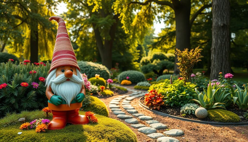 A whimsical garden scene featuring a custom gnome created from colorful flower pots and lush evergreen branches. In the foreground, the gnome stands adorned with painted details and a cheerful expression, surrounded by vibrant flowering perennials and rich green moss. The middle ground showcases a charming garden pathway lined with small stones, leading to a cozy nook of mixed plants including ferns and seasonal blooms. In the background, tall trees provide dappled sunlight filtering through their leaves, casting gentle shadows. The overall atmosphere is inviting and playful, with a warm golden hour glow enhancing the colors and textures. Capture this enchanting setting from a slightly elevated angle to encompass the joy of personalization in garden decor. A whimsical garden scene featuring a custom gnome created from colorful flower pots and lush evergreen branches. In the foreground, the gnome stands adorned with painted details and a cheerful expression, surrounded by vibrant flowering perennials and rich green moss. The middle ground showcases a charming garden pathway lined with small stones, leading to a cozy nook of mixed plants including ferns and seasonal blooms. In the background, tall trees provide dappled sunlight filtering through their leaves, casting gentle shadows. The overall atmosphere is inviting and playful, with a warm golden hour glow enhancing the colors and textures. Capture this enchanting setting from a slightly elevated angle to encompass the joy of personalization in garden decor.