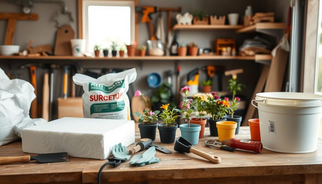 A workspace scene showcasing materials and tools needed to create lightweight, frost-resistant, and highly durable concrete and Styrofoam planters. In the foreground, a wooden workbench is cluttered with a Styrofoam block, a bag of concrete mix, a mixing bucket, and various hand tools like a trowel, spatula, and gloves. In the middle ground, a small selection of colorful plants and flower pots are arranged neatly, highlighting the potential end product of the project. The background features a well-lit garage setting with shelves stocked with additional tools like a hammer, saw, and measuring tape. Soft, natural lighting filters through a window, casting gentle shadows, and creating an inviting, productive atmosphere for DIY enthusiasts eager to start their gardening project.