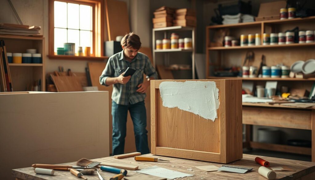 An indoor workshop scene featuring a wooden furniture piece, showcasing common mistakes in painting laminated surfaces. In the foreground, a partially painted cabinet displays uneven strokes and paint drips. An array of painting tools like brushes, rollers, and sandpaper are scattered around. In the middle ground, a person in modest casual clothing is using fine sandpaper to smooth out a rough area, concentrating intently. The background features shelves filled with paint cans and a workbench with open paint supplies, all illuminated by warm, natural light coming from a nearby window, creating a focused yet creative atmosphere. The overall mood is educational and hands-on, emphasizing the importance of technique in furniture painting. An indoor workshop scene featuring a wooden furniture piece, showcasing common mistakes in painting laminated surfaces. In the foreground, a partially painted cabinet displays uneven strokes and paint drips. An array of painting tools like brushes, rollers, and sandpaper are scattered around. In the middle ground, a person in modest casual clothing is using fine sandpaper to smooth out a rough area, concentrating intently. The background features shelves filled with paint cans and a workbench with open paint supplies, all illuminated by warm, natural light coming from a nearby window, creating a focused yet creative atmosphere. The overall mood is educational and hands-on, emphasizing the importance of technique in furniture painting.