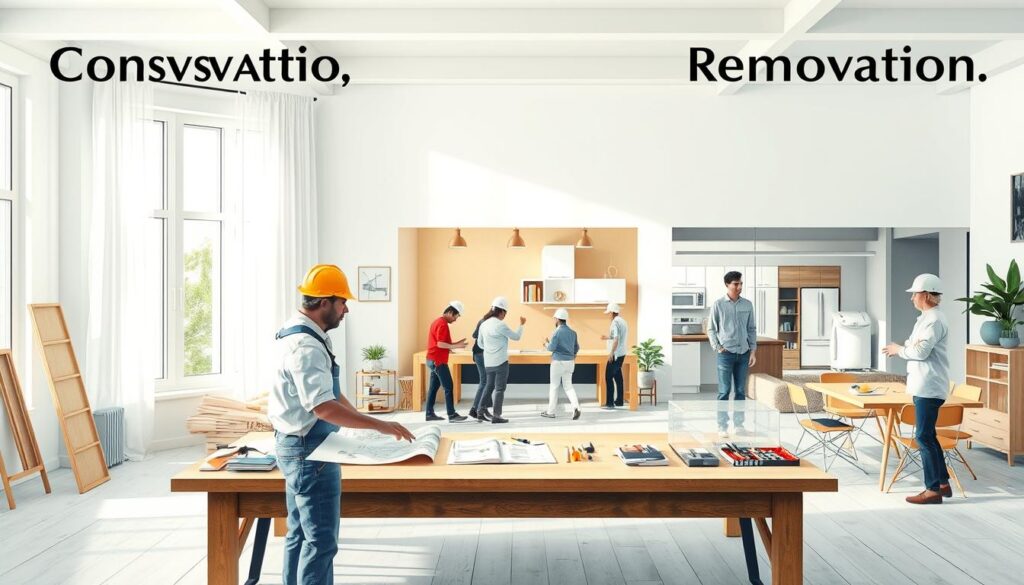 An instructional illustration depicting the differences between conservation, renovation, and remodeling in a residential setting. In the foreground, a skilled contractor in professional attire examines blueprints on a table, surrounded by construction tools and materials. In the middle, three separate segments showcase each concept: on one side, a worker performing maintenance tasks like painting and changing light fixtures; in the center, a team conducting a renovation with walls being removed and new fixtures installed; and on the other side, a visual representation of remodeling, with an architect discussing designs and 3D renderings of a transformed space. The background features an airy, well-lit room that contrasts old and new styles, with natural light streaming through windows to enhance the atmosphere of creativity and transformation.