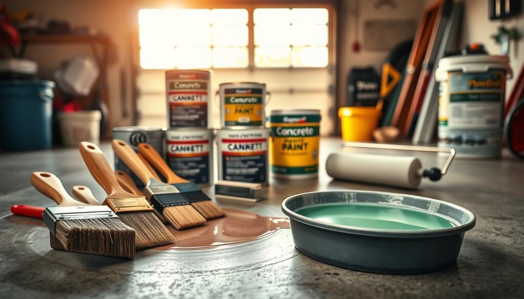 In a bright, well-organized garage setting, showcase an array of painting tools and materials prepared for painting concrete. In the foreground, display a sturdy paint tray filled with a vibrant concrete paint color, accompanied by high-quality brushes and rollers, all arranged neatly. The middle ground features several cans of paint, labeled with specifications for durability and chemical resistance. In the background, a concrete floor shines under warm, natural light filtering in through a garage window, creating a practical and inviting atmosphere. The scene should convey a sense of readiness and professionalism, emphasizing meticulous preparation for the task at hand. Capture this setup from a slightly elevated angle to provide a comprehensive view of the tools and materials without any distractions or text.