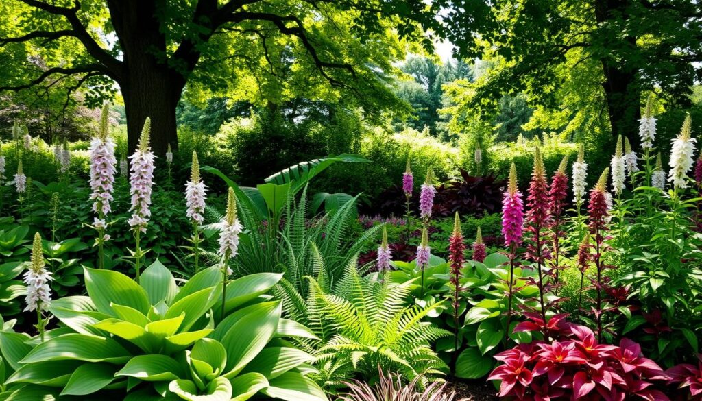 In a tranquil garden shaded by tall, leafy trees, a vibrant array of perennials thrives in rich, lush greens and colorful blooms. In the foreground, showcase a variety of shade-loving plants such as hostas with their broad, textured leaves, and vibrant astilbes with feathery pink and white flower spikes. In the middle ground, add delicate ferns and clusters of bold-colored heucheras, creating a dynamic contrast of foliage. The background features soft dappled sunlight filtering through the canopy, casting gentle shadows on the garden floor. Capture the scene from a slightly elevated angle, emphasizing the layers and depth of the garden. Aim for a serene, inviting atmosphere, highlighting the beauty and diversity of perennial plants that flourish in partial shade. Bright, natural lighting enhances the colors while maintaining a peaceful, lush feel.